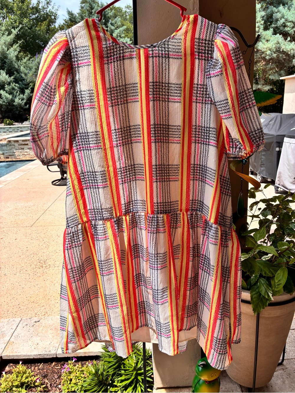 English Factory Striped Plaid Midi Dress in White, Yellow, Red, Pink, Orange